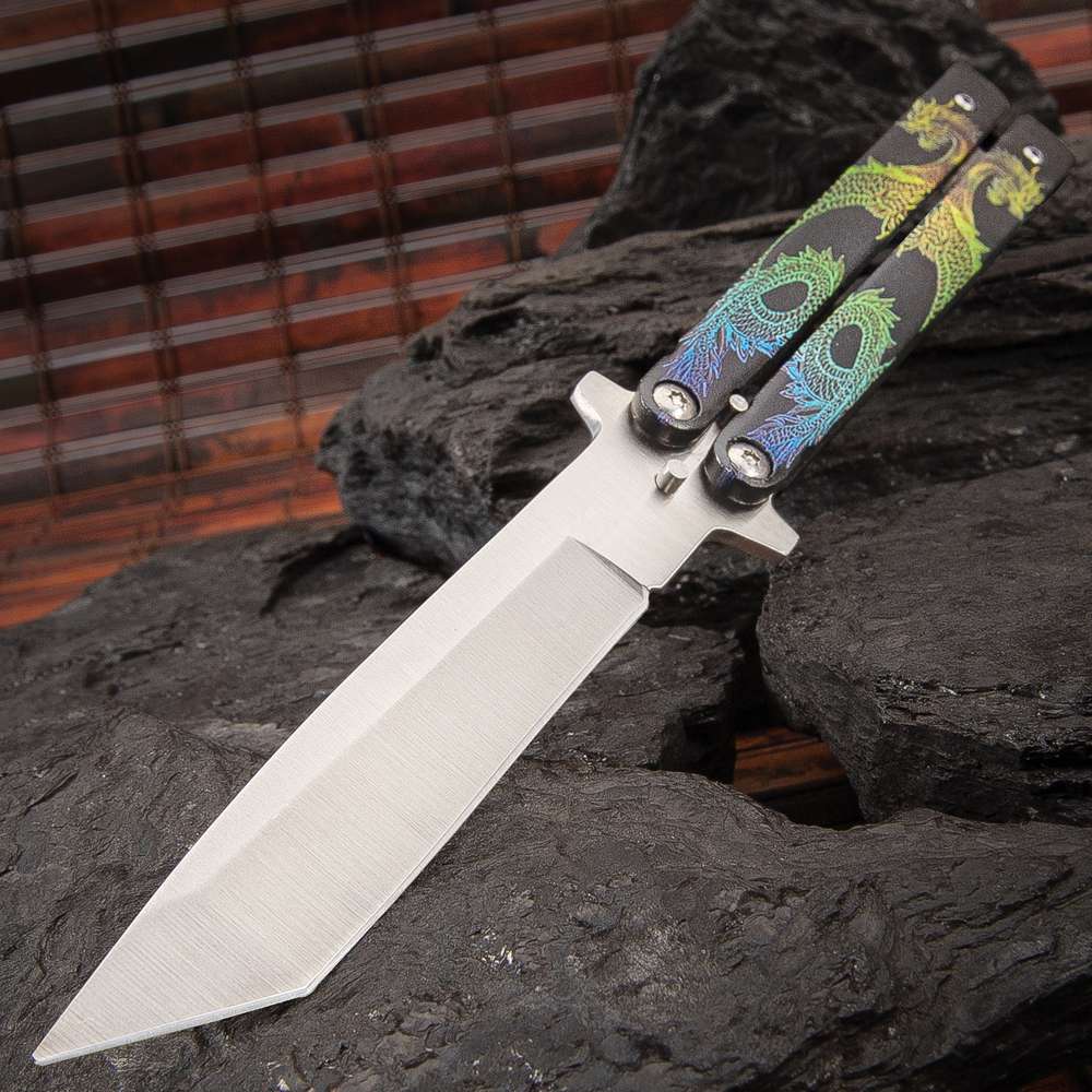 Twin Dragons Green And Blue Butterfly Knife - Stainless Steel Blade Vivid Artwork,